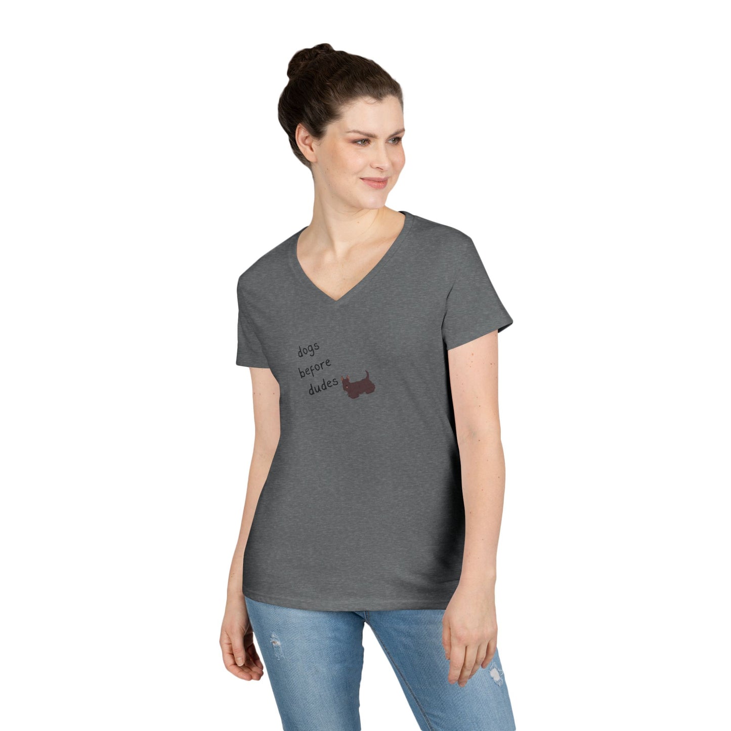 Ladies V-Neck Tee — 'Dogs Before Dudes'